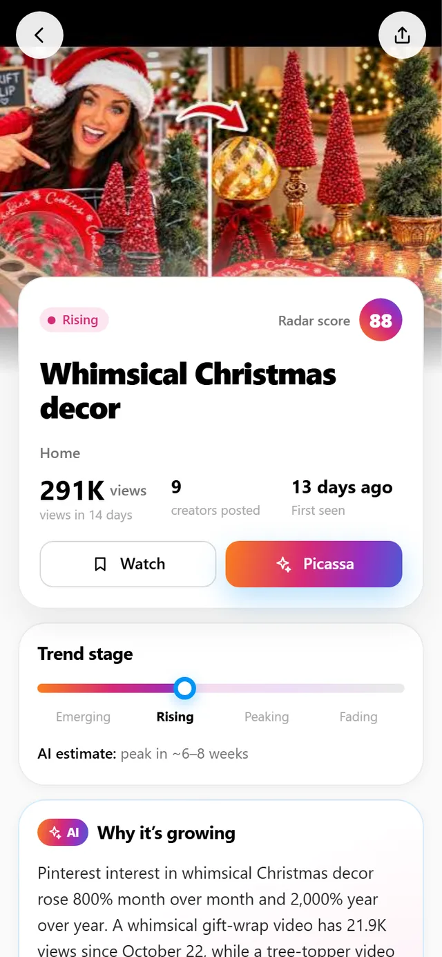 A trend card in Trend Radar: why it is growing, proof videos, hashtags and ideas